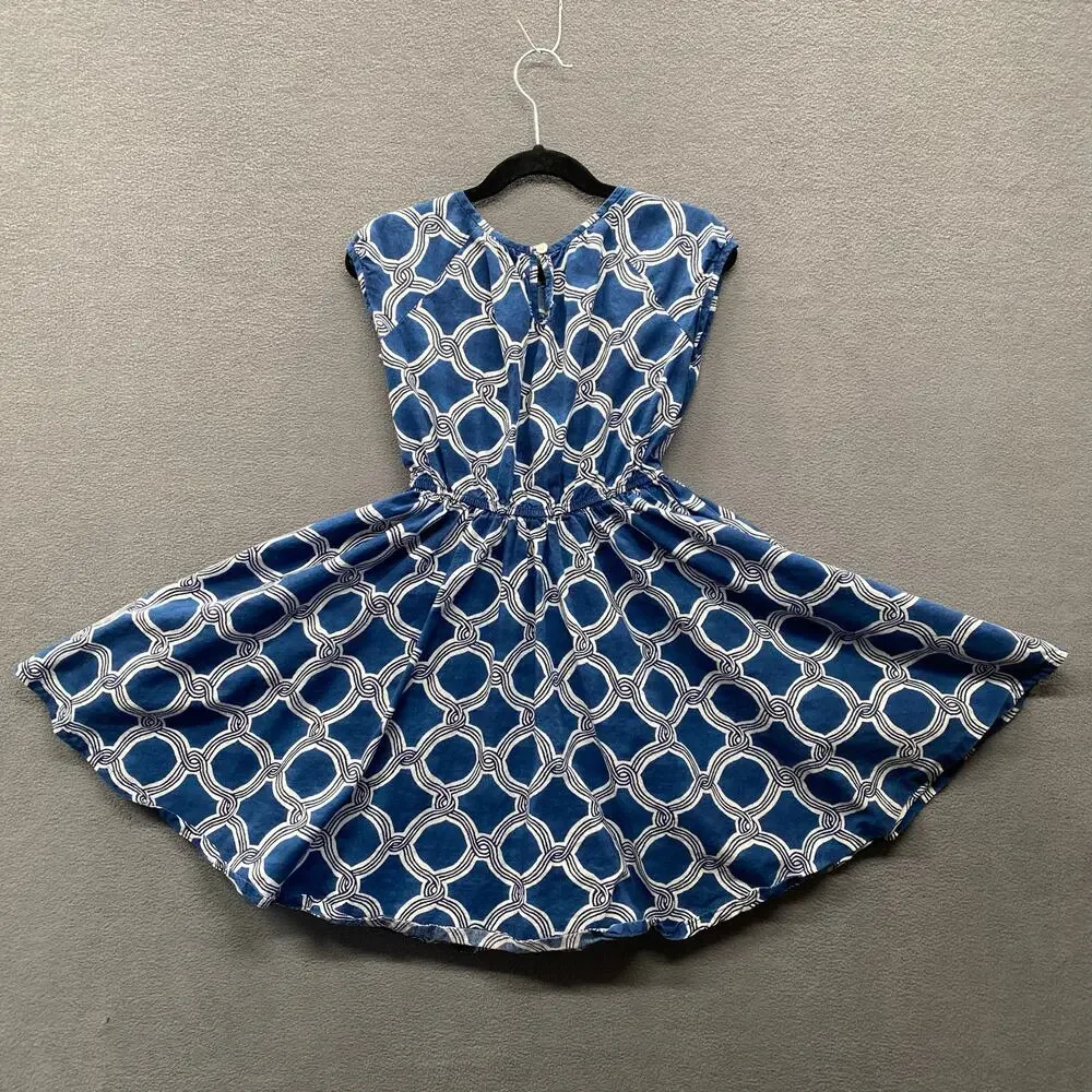 Lands End Kids Fit Flare Dress Girls‎ 6 Blue White Cotton *No Belt/Tie